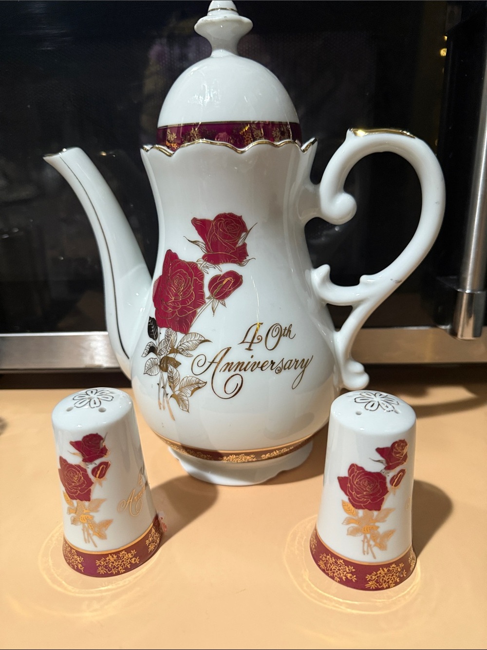 Elegant 40th Anniversary White and Burgundy Porcelain Coffee Pot Set